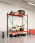 Top Shelf 48 Inch Deep By 120 Inch Wide Two Tier Pallet Rack Starter Unit With Heavy Duty Steel Frame Rust Resistant Warehouse Storage Setup No Fluff Design Built Like A Tank For Distribution Hubs And Auto Lots displaying tools and bins.