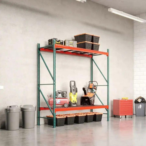 Top Shelf 48 Inch Deep By 120 Inch Wide Two Tier Pallet Rack Starter Unit With Heavy Duty Steel Frame Rust Resistant Warehouse Storage Setup No Fluff Design Built Like A Tank For Distribution Hubs And Auto Lots displaying tools and bins.
