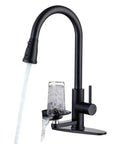 COXOVAY Pull Down Kitchen Faucet with Glass Rinser Single Handle Kitchen Sink Faucet with Pull Out Sprayer, Glass Rinser Faucet for Kitchen Sink 1 Hole or 3 Hole, Black with water flowing and glass rinser.