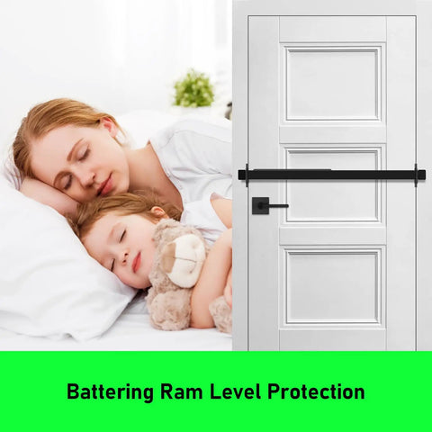 Beefy Security Door Bar For Inward Opening Doors Up To 32 Inches Black Finish, Marine Grade Aluminum Bar With Stainless Steel Brackets, Stud Mounted On Both Sides For Up To 2000 Lbs Battering Ram Resistance on white door