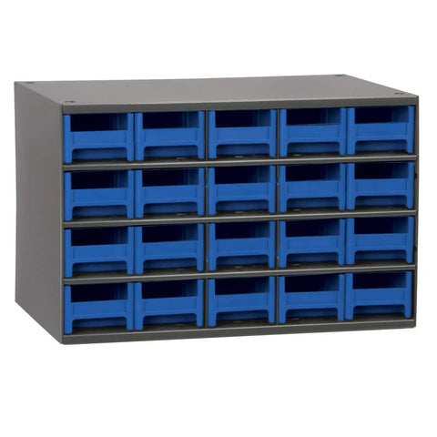 Heavy Duty 20 Drawer Steel Cabinet Organizer For Hardware And Tools Bolt Nail Screw Storage Small Parts Cabinet With Gray Frame And Blue Drawers Measuring 17 Inches Wide 11 Inches Deep And 11 Inches High Built Tough For Any Garage