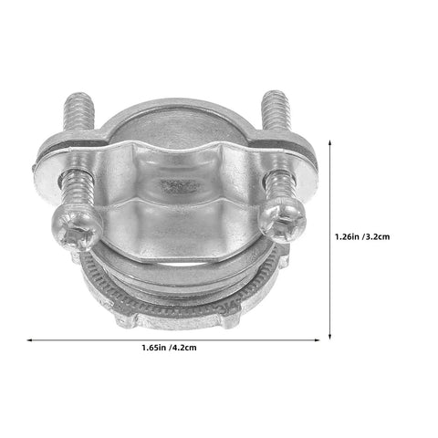 Heavy Duty Conduit Cable Clamps With An Ironclad Grip For No Sweat Electrical Runs Top Shelf High Strength Alloy And Quick Finger Fitment To Keep Your Wired Connections Snug As A Bug Four Piece Set, silver steel clamp showing size.