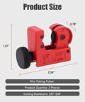 Side view of the Two Pack Tubing Cutter Set for copper, brass, aluminum, and PVC pipe, with measurement details specified.