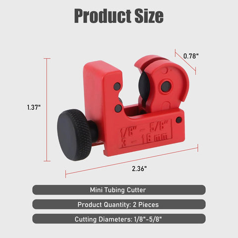 Side view of the Two Pack Tubing Cutter Set for copper, brass, aluminum, and PVC pipe, with measurement details specified.