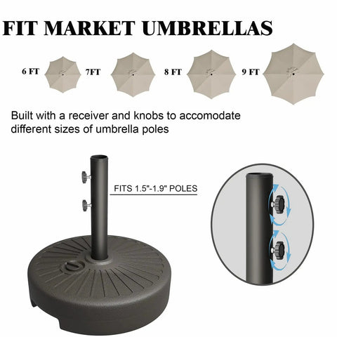 Beefy 22L Water Filled Patio Umbrella Base With Dual Locking Knobs Heavy Duty HDPE Stand illustration with pole fit details