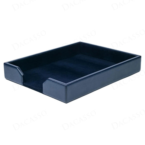 Navy Blue Bonded Leather Letter Tray And Paper Organizer For Desk, Game Changer Luxury Executive Desk Decor with velveteen interior