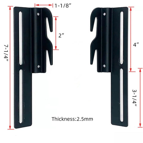 Heavy Duty Headboard Adapter Brackets And Bed Frame Hooks For Metal Beds, black steel brackets with adjustable height, dimensions shown.