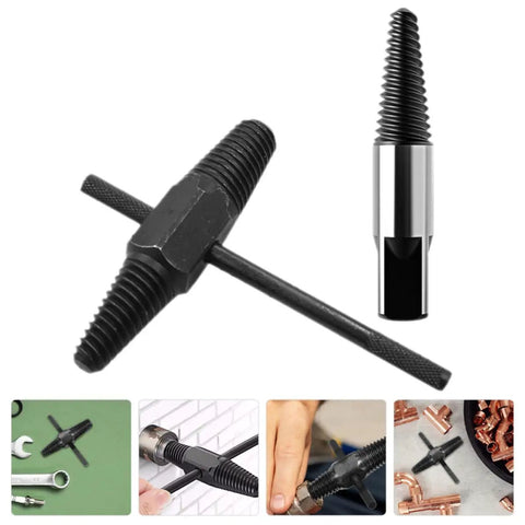 Super Tough Dual-Head Screw Extractor Kit For Stripped Bolts And Water Pipe Fixes. Easy-To-Use Bolt Remover Tool That Slams In Fast To Save Your Back And Time On Any Heavy Industry Or Home DIY Job Without Needing A Pro Plumber., black steel extractor tool with T-handle for stripped bolts and pipe repair