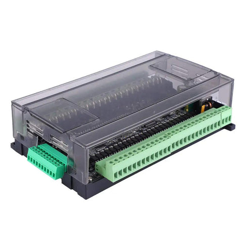 Industrial PLC Controller For 24V DC Power, 24 Input 24 Output, Analog 6AD Module with transparent casing, angled view