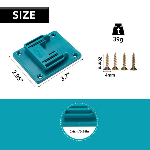 Heavy Duty Drill Mount Holder For 18V Li-Ion Drills, Wall Dock Hanger dimensions and screws pack for simple mounting
