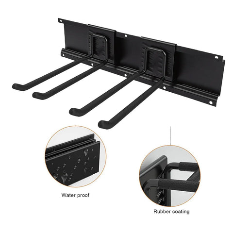 Heavy Duty Garage Tool Organizer Wall Mount Rail System 48 Inch With 360lb Load Capacity Metal Tool Rack with rubber-coated hooks.