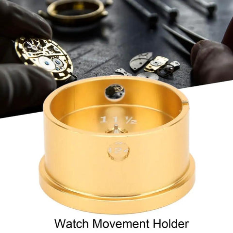 Premium Aluminum Watch Movement Base Repair Stand For 2892 And 2824 Movements, gold tone, shown with watch components.