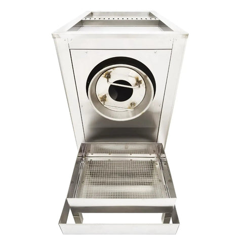 Commercial Gas Coffee Roaster With A Solid Stainless Steel Drum Hella Fast For Toasting Beans And Nuts showing stainless drum and mesh tray.