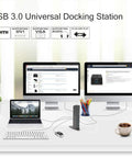 Universal Usb 3.0 Laptop Docking Station Dual Monitor Hdmi Vga Gigabit Ethernet Six Usb Ports Aluminum Build on a desk with two monitors.
