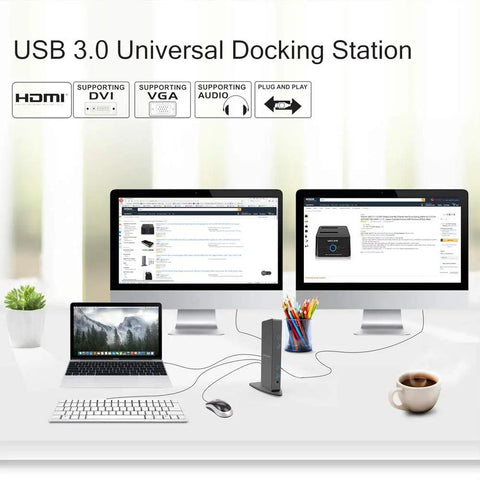 Universal Usb 3.0 Laptop Docking Station Dual Monitor Hdmi Vga Gigabit Ethernet Six Usb Ports Aluminum Build on a desk with two monitors.