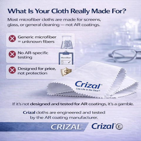 Crizal microfiber eyeglass cleaning cloths, white fabric with blue Crizal logo, two cloths shown.