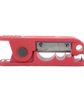 Pro Grade Wire Stripper Tool With Precise Crimping and 360 Rotation Cutting, Auto Adjusting Jaw, Ergonomic Handle, Clean Cuts, Wide Compatibility for Ethernet RJ45, Coax, Power, and Electrical Cables red plastic side view