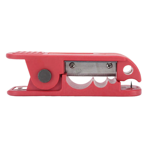 Pro Grade Wire Stripper Tool With Precise Crimping and 360 Rotation Cutting, Auto Adjusting Jaw, Ergonomic Handle, Clean Cuts, Wide Compatibility for Ethernet RJ45, Coax, Power, and Electrical Cables red plastic side view
