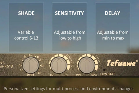 Auto Darkening Welding Lens With True Color Blue Tech, Variable Shade 5-13 controls for sensitivity and delay adjustment.