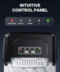 Control panel of Sleek Countertop Ice Maker With Portable Stainless Steel Design And Easy Carry Handle for ice making settings.