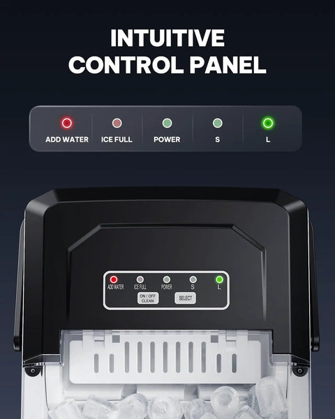 Control panel of Sleek Countertop Ice Maker With Portable Stainless Steel Design And Easy Carry Handle for ice making settings.