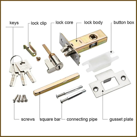 Components of Silent Room Door Lock Handle for Privacy and Easy Access shown dismantled.
