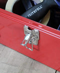 Close-up of padlock clip lock on Nineteen Inch Heavy Gauge Steel Barn Tool Box With Padlock Clip Lock And Sturdy Carry Handle Includes Bonus Tote Tray For Shed Garage Badass Shop Workhorse.