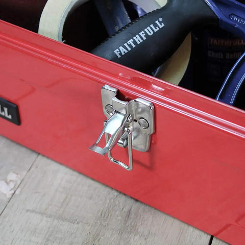 Close-up of padlock clip lock on Nineteen Inch Heavy Gauge Steel Barn Tool Box With Padlock Clip Lock And Sturdy Carry Handle Includes Bonus Tote Tray For Shed Garage Badass Shop Workhorse.