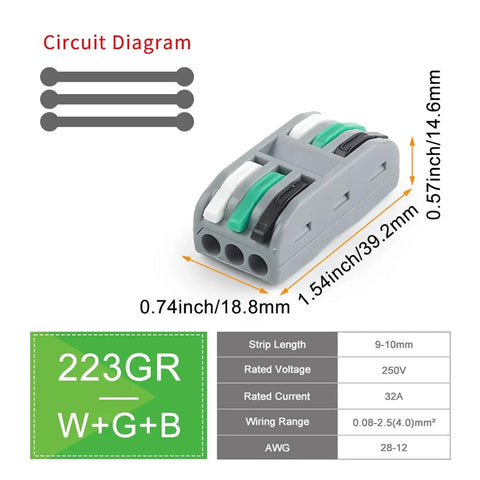 Cool 25pc Push In Wire Connector Terminal Block Set With Secure Tool Free Spring Cage Tech And Clear Housing Perfect For Quick Home LED Wiring Projects With 2 Through 5 Pin Configurations For Easy Electrical Upgrades, 223GR W+G+B 3-pin 32A 250V