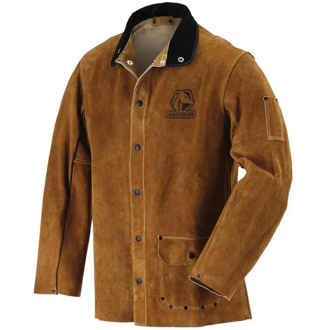 Split Cowhide Welding Jacket With Stand Up Corduroy Collar, Heavy Duty Abrasion Resistant Leather, Kevlar Stitching, Satin Lined Shoulders, X Large Brown, Built For Sparks, Heat, And Spatter On Demanding Weld Tasks