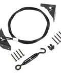 Anti Sag Gate Kit For Wooden Fence With Heavy Duty Steel Tensioner Cable Rust Resistant Gate Support System Black Gate And Fence Frame Hardware Outdoor Fence Repair Kit components spread out, including steel cable, brackets, screws, and turnbuckle.