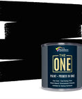 All In One Paint And Primer Black Matte 8.5 Fl Oz Sample One Coat Formula can with black paint swatches behind