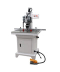 Front view of EQCOTWEA 110V pneumatic hinge boring insertion machine on a metal stand with control panel and orange foot pedal