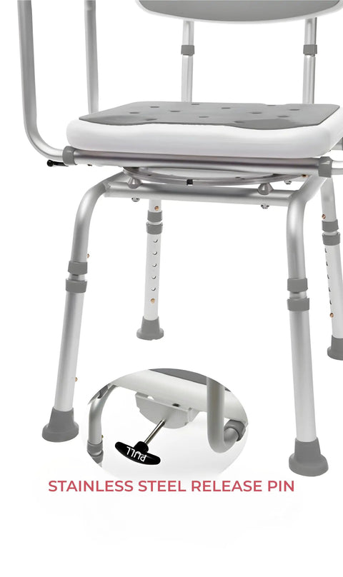 360 Degree Swivel Shower Chair With Back Support, Adjustable Height 20 To 25 Inches, showing stainless steel release pin