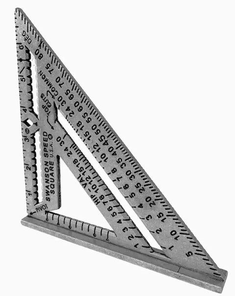 Kill Precision Work With This 7 Inch Speed Square Layout Tool, metal tool with angle marks and stud slots for framing.