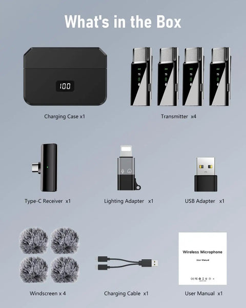 Components of Wireless Pro Lavalier Microphone System For iPhone Android PC And Laptop With USB C And Lightning, 48KHz 24Bit