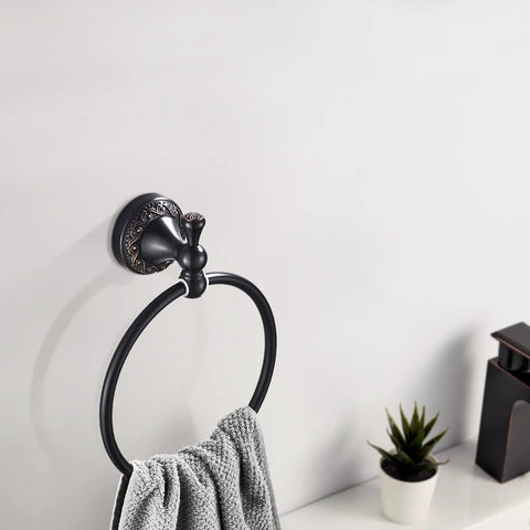 Oil Rubbed Bronze Round Towel Ring Wall Mounted With Flower Base Brass Towel Holder For Bathroom Accessories Screw In Mount