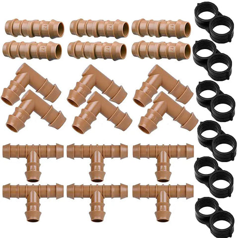 24 Piece Drip Irrigation Fittings Kit For Half Inch Tubing With 17mm Barbed Connectors, Includes 6 Tees, 6 Couplings, 6 Elbows, 6 End Cap Plugs