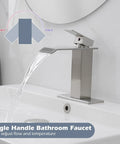 Swanky Brushed Nickel Waterfall Bathroom Faucet with Single Handle for Modern Sinks and 1 or 3 Hole Installations, Vanity Lavatory Mixer Tap