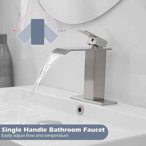 Swanky Brushed Nickel Waterfall Bathroom Faucet with Single Handle for Modern Sinks and 1 or 3 Hole Installations, Vanity Lavatory Mixer Tap