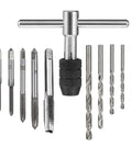 Pro Grade T Handle Tap Wrench Kit With 5 Tap Sizes M3 M4 M5 M6 M8 And 5 Twist Drill Bits for DIY Threading shown in full view