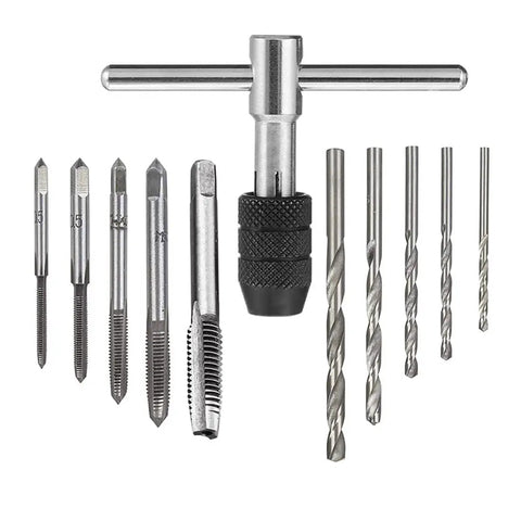 Pro Grade T Handle Tap Wrench Kit With 5 Tap Sizes M3 M4 M5 M6 M8 And 5 Twist Drill Bits for DIY Threading shown in full view