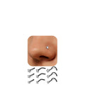 9 Piece Titanium Black Nose Studs Set with L Shaped Straight and Corkscrew Designs for Sensitive Skin Includes 20G Surgical Grade G23 Titanium Nostril Rings Featuring Sparkling Diamond CZ on a nose.