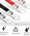 Close-up of Top Shelf 2 Gauge Car Battery Cable 2 Pack Flexible Wiring Harness with 3/8 inch ring terminals, showing red and black cables.