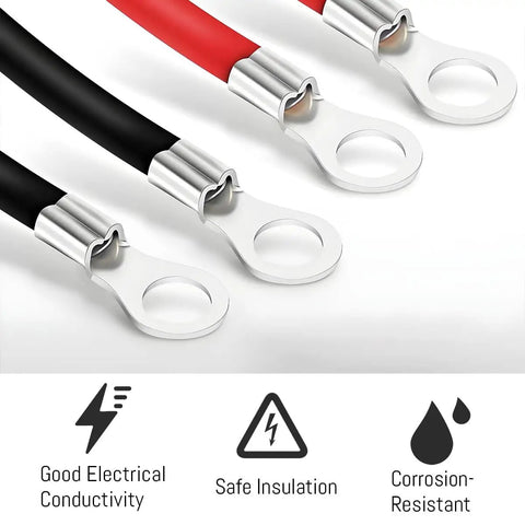 Close-up of Top Shelf 2 Gauge Car Battery Cable 2 Pack Flexible Wiring Harness with 3/8 inch ring terminals, showing red and black cables.
