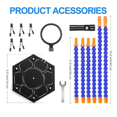Components of Six Arm Soldering Helping Hand Vise With LED Light And Magnifier On Aluminum Base 6 Flexible Gooseneck Arms
