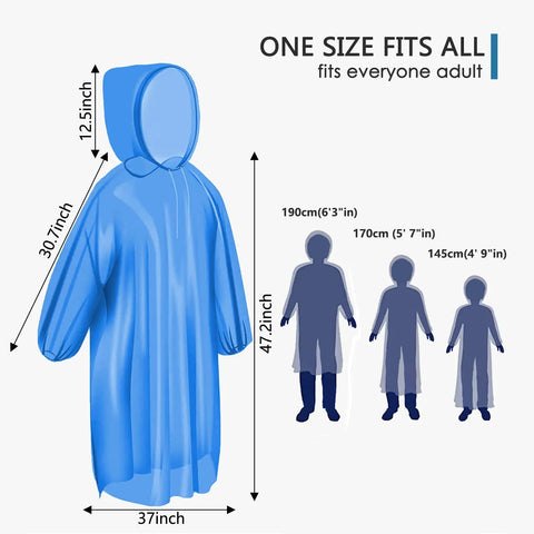 Clear Rain Ponchos For Adults With Hood 4 Pack Lightweight Tear Resistant Emergency Rain Gear For Travel And Outdoor Adventures One Size Fits Most size and fit diagram.