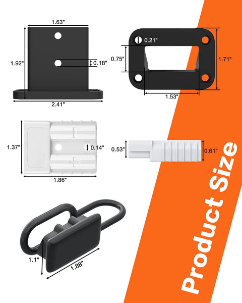 Dimensions of Beefy 50 Amp Anderson Battery Connector Kit components including bracket, housing, cover, and terminals.