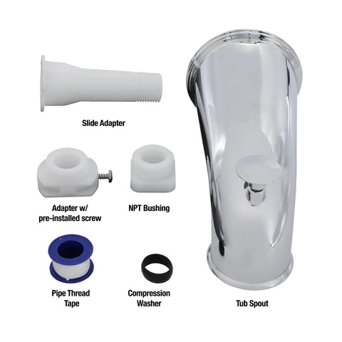 Decorative Bathtub Spout With Pull Up Diverter, 6 Inch Chrome Finish, Universal Fit with adapters and accessories shown