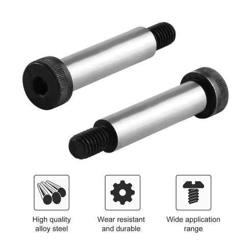 4 Pack Alloy Steel Shoulder Bolts 5/16 Inch Shoulder Diameter 1-1/4 Inch Shoulder Length 1/4-20 UNC Hex Socket Head Shoulder Screws Bolts Durable Heavy Duty Mechanic Grade on white background showing two bolts and icons for quality and durability.